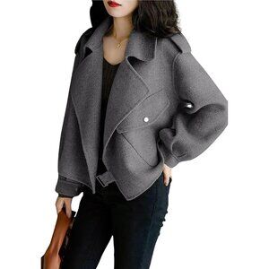 ✨ Women Grey Cropped Wool Coats Lapel Open Front Trench Jackets with Pockets